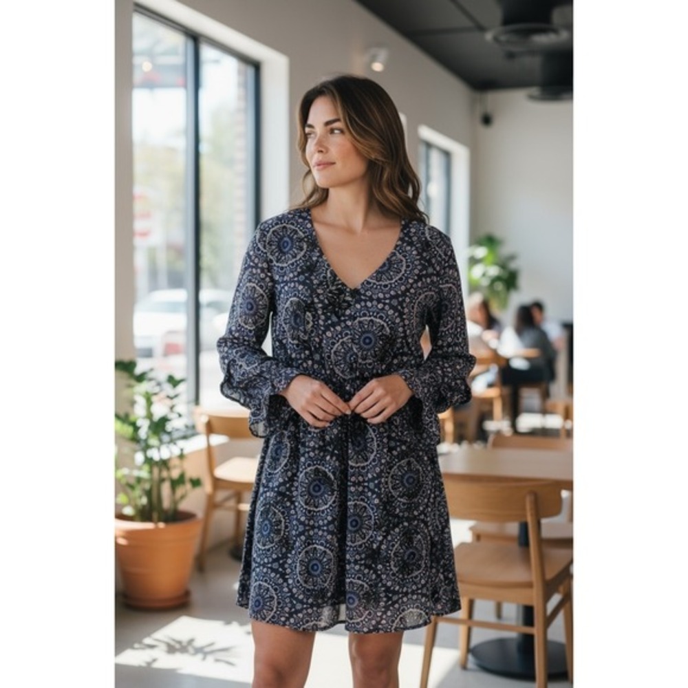 Blue Rain Women's Dress, Blue Paisley Print, Long Sleeve, Bohemian, Small‎